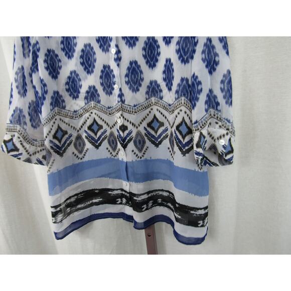 Chico's Size 2 Large Semi Sheer Blue and White Geometric Button Down Blouse - Picture 3 of 6